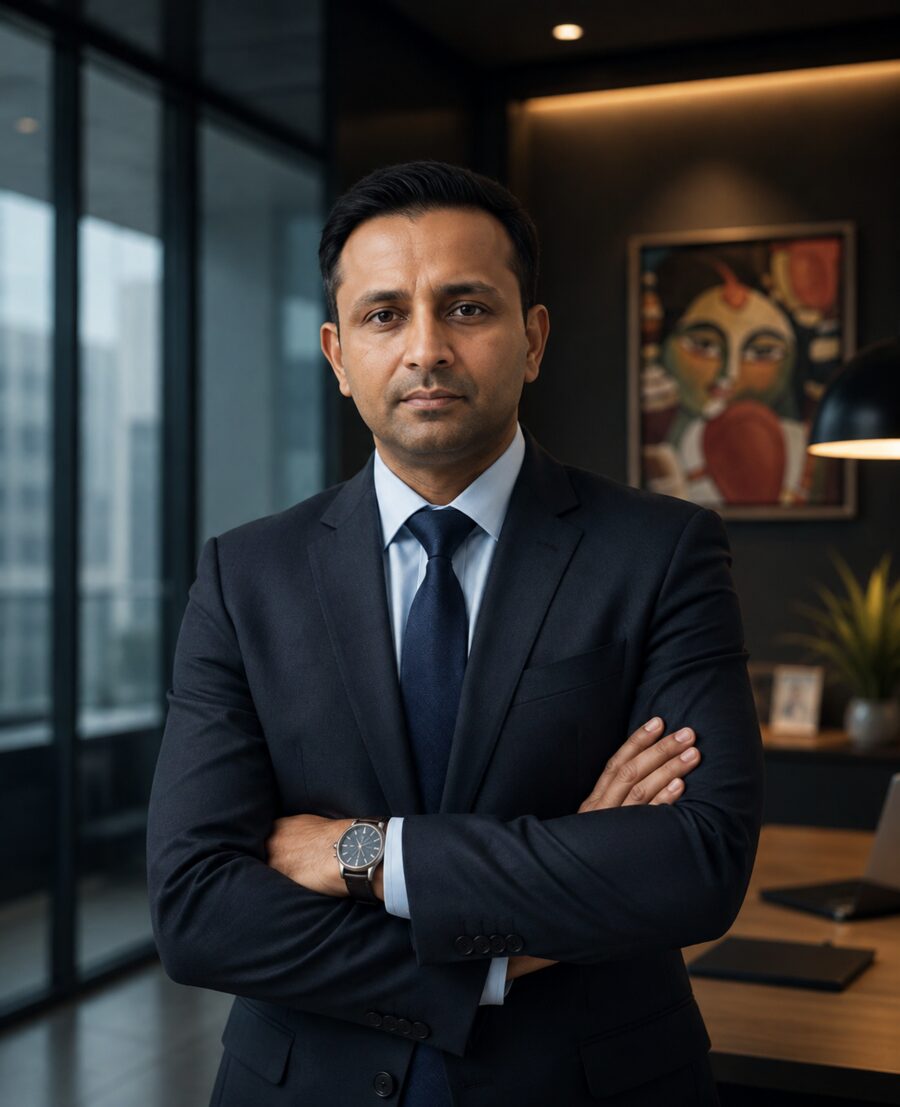 Siddharth Mishra, Founder of Intelivision Solutions, in a navy suit in a modern office
